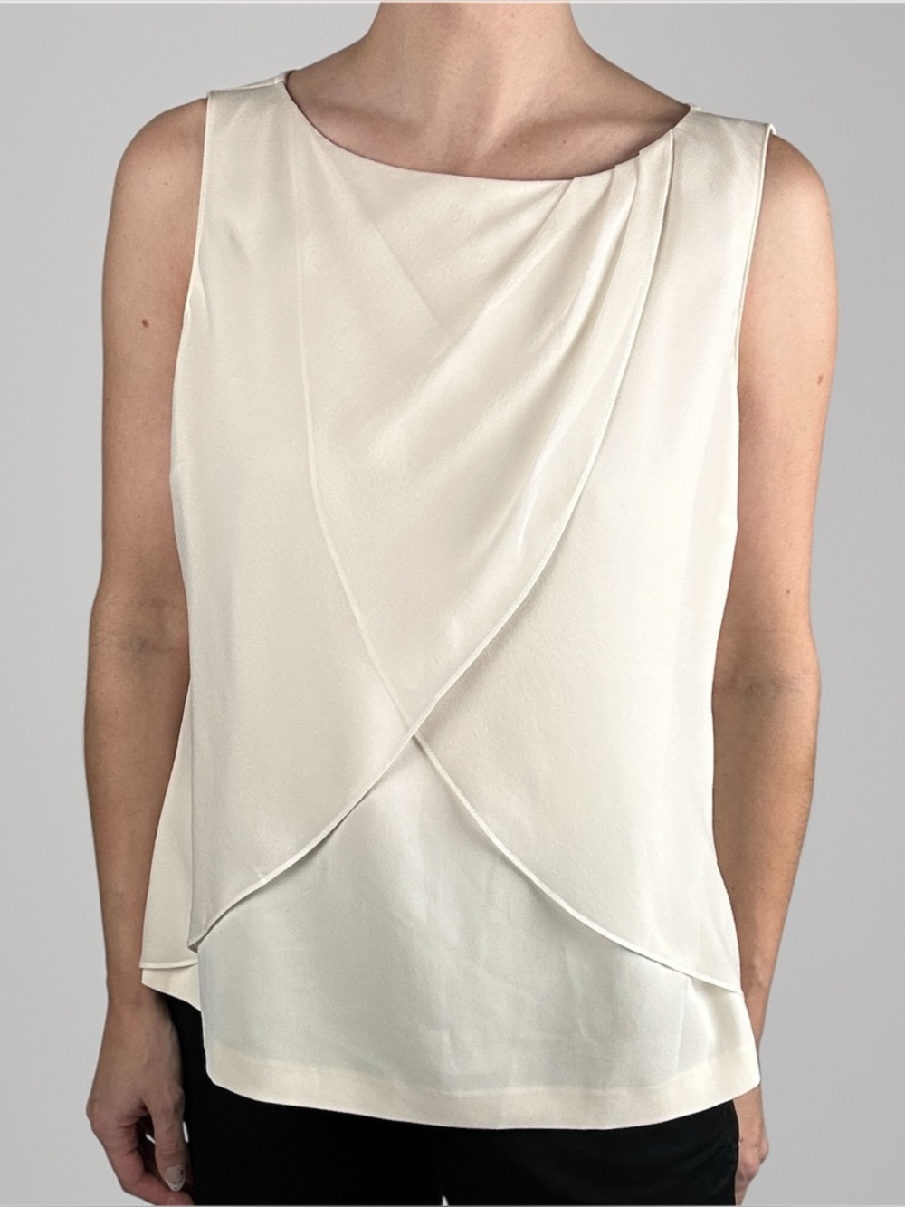 St. John St. John Ivory Cross-Draped Silk Chiffon Overlay Sleeveless Top